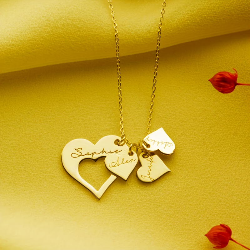 Personalized 4pcs English Names Heart Pendant Necklace, 18K Gold Plated